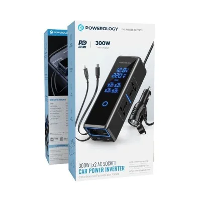 powerology 300w  | x2 ac socket car power inverter - Black